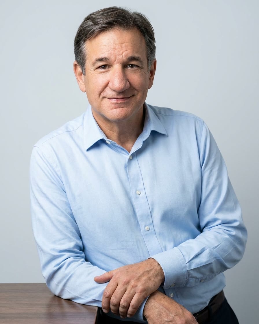 Daniel Piskoric, an einen Tisch gelehnt, im hellblauen Hemd
