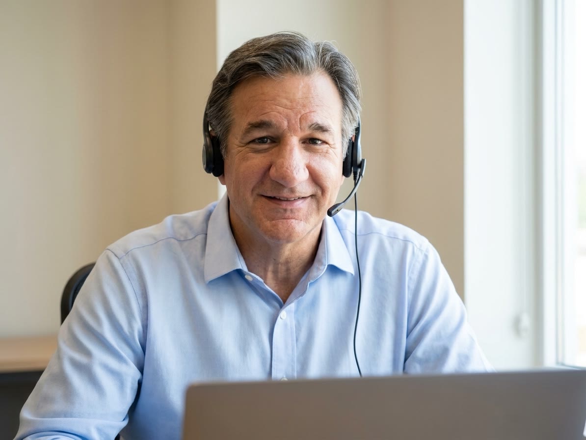 Daniel Piskoric im Videocall mit Headset am Laptop