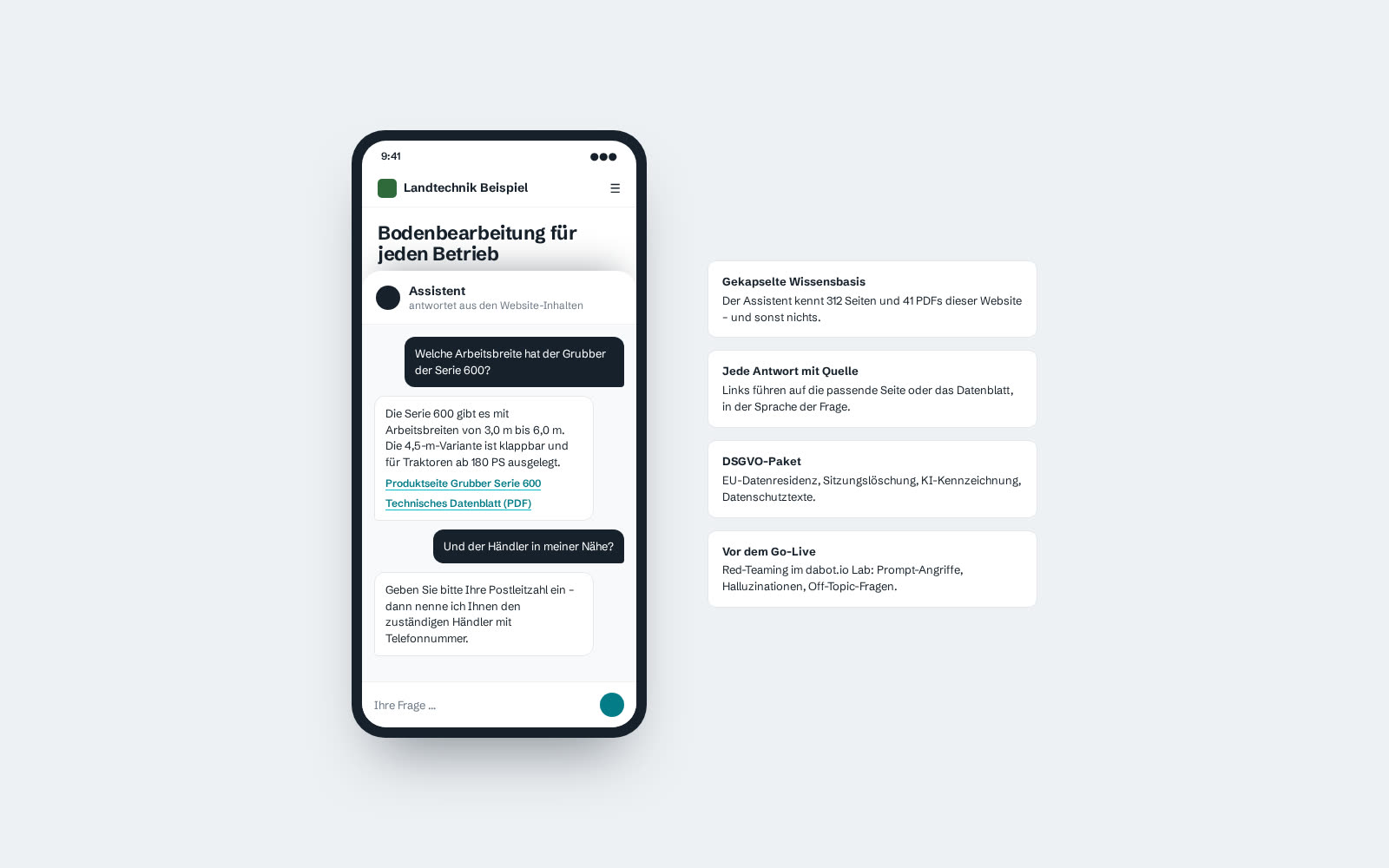 Beispielansicht: dabot.io-Chat auf dem Smartphone mit Antwort und Quellenlinks, daneben Hinweise zu Wissensbasis und DSGVO