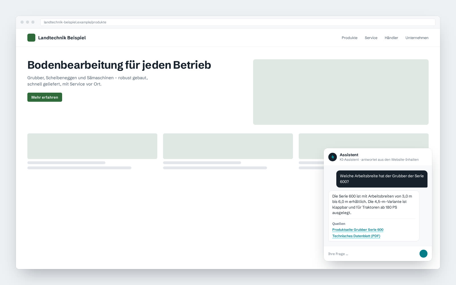 Beispielansicht: Chatbot-Widget auf der Website eines Landtechnik-Herstellers
