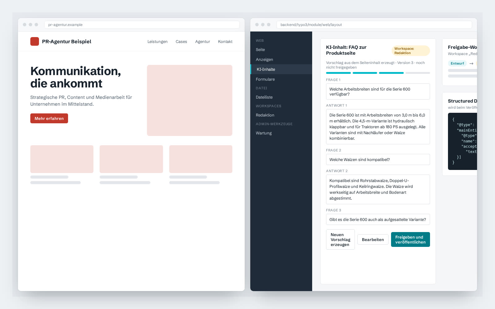 Beispielansicht: Agentur-Website neben dem TYPO3-13-Backend