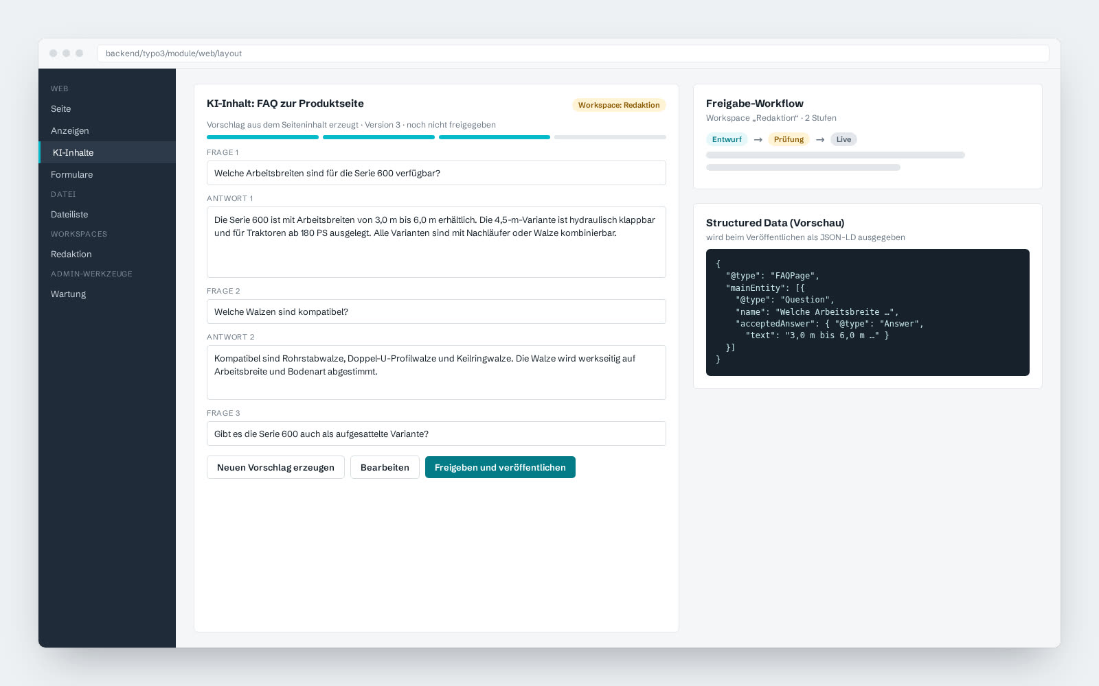 Beispielansicht: TYPO3-Backend mit KI-Modul, Workspace Redaktion und Freigabe-Button