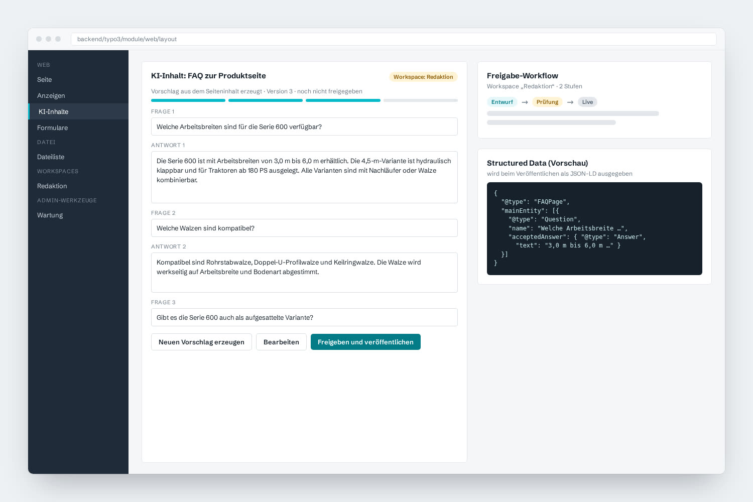 Beispielansicht: TYPO3-Workspace mit KI-erzeugtem FAQ-Element, Freigabe-Workflow und JSON-LD-Vorschau